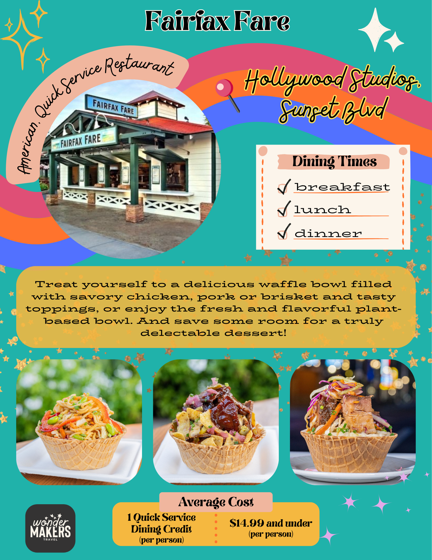 Colorful retro-style advertisement for Catalina Eddie's restaurant at Hollywood Studios featuring food photos.