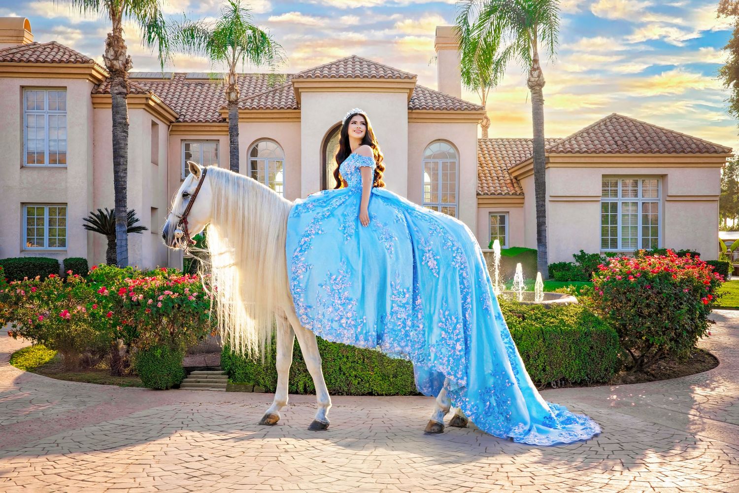 Majestic royal blue ball gown with layered ruffles photographed in wooden cabin setting.