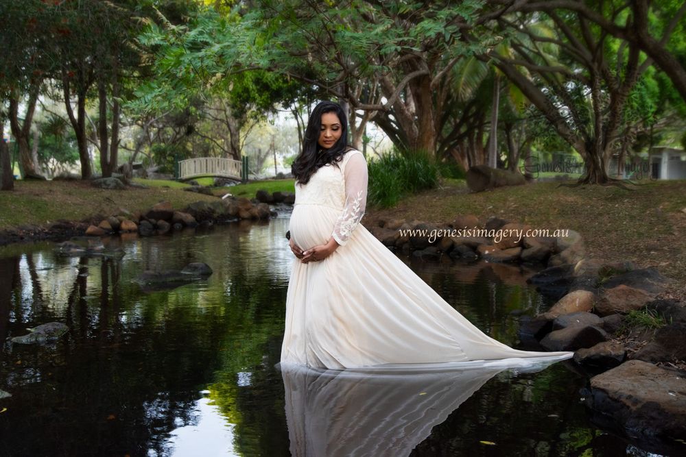 Elegant pregnancy photography Gold Coast in a forest setting with a lace gown.