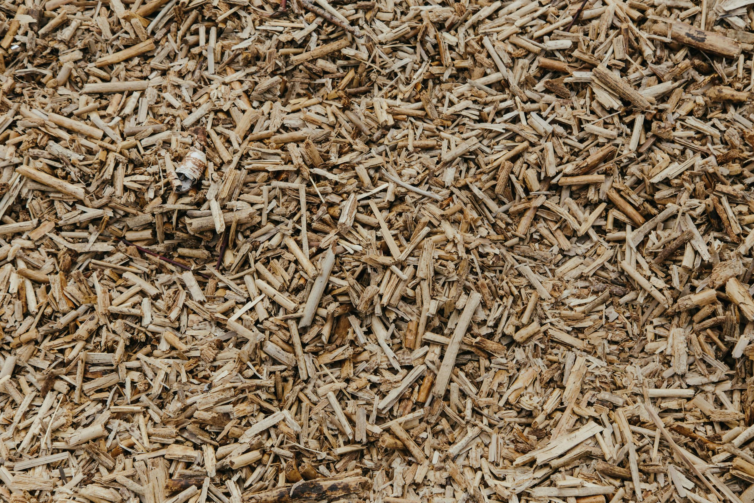 Close up view of light brown wood chips and mulch material creating a natural ground covering texture.