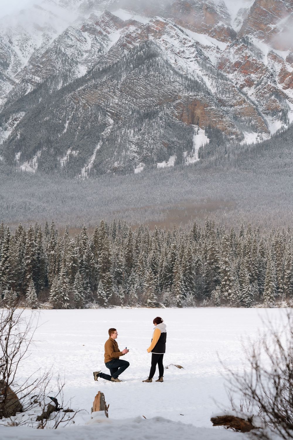 A proposal moment captured in a snowy mountain landscape with evergreen forest and dramatic peaks.