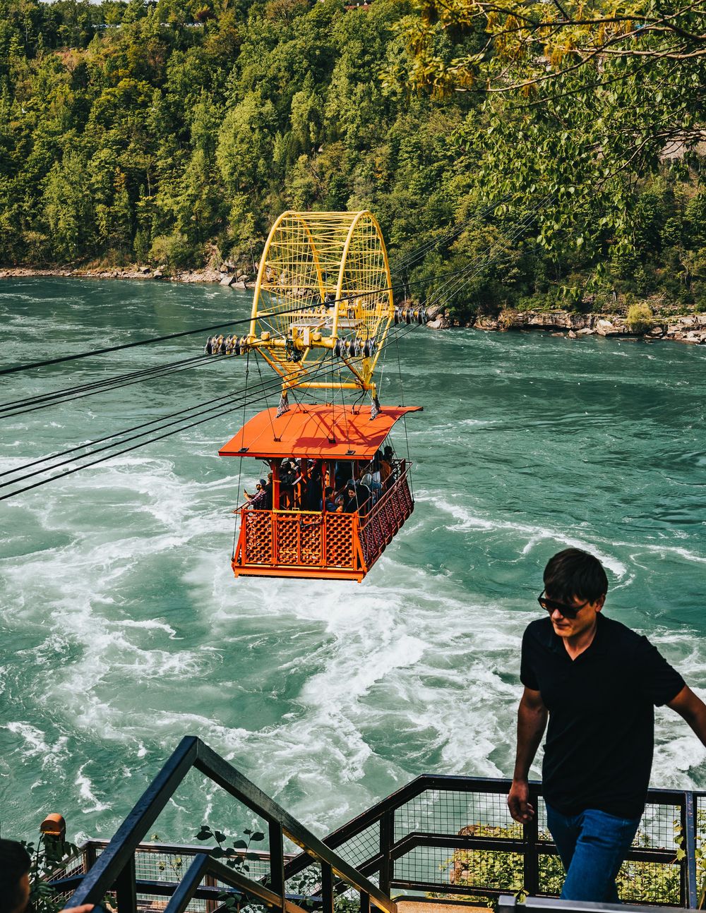 Cable car gondola system operating over the rushing waters of Niagara Falls.