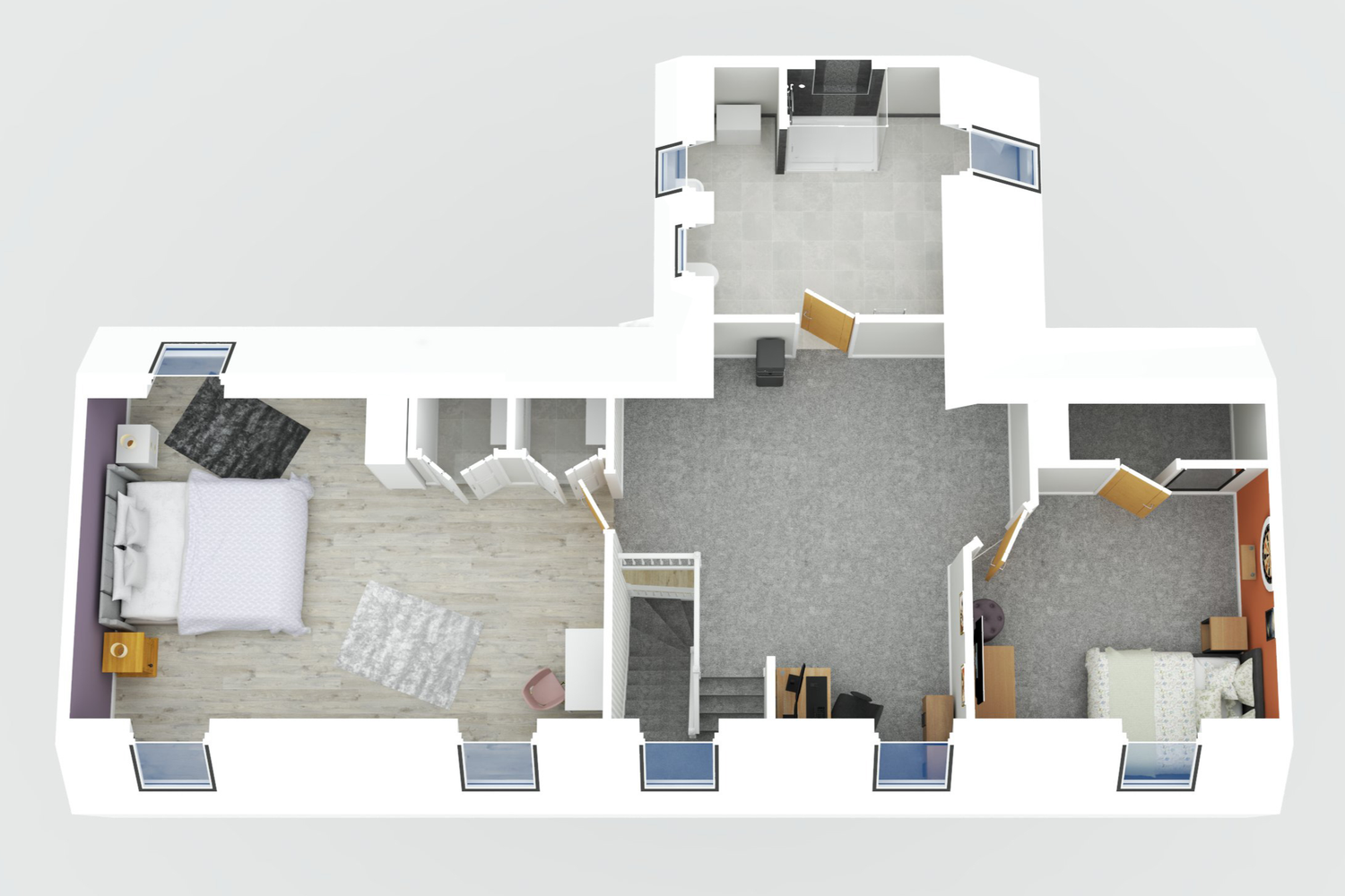 Aerial view 3D floor plan of a modern apartment showing furniture placement and room layouts.