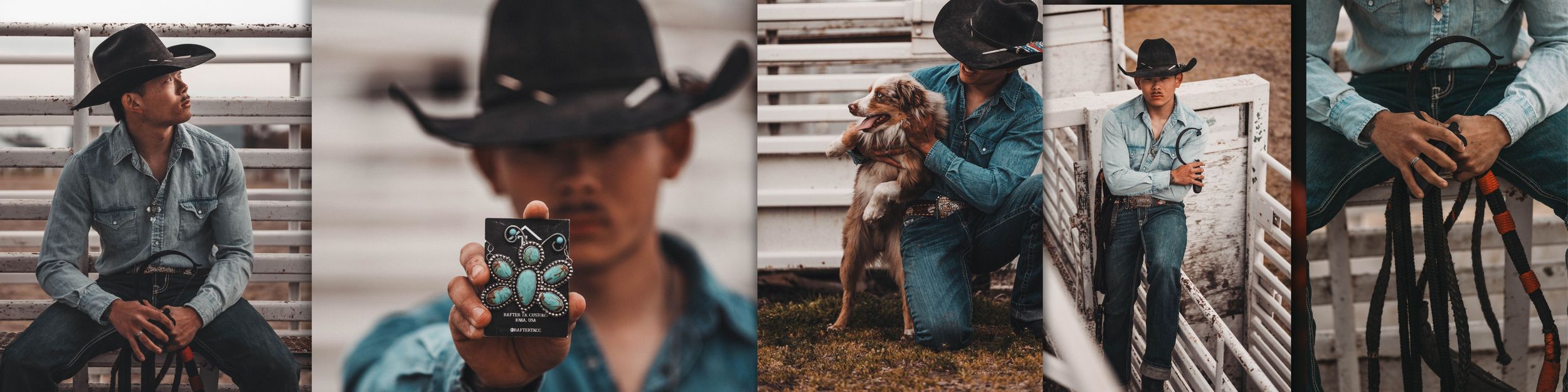 Western-style collage showing people in denim and cowboy hats against rustic wooden backgrounds.
