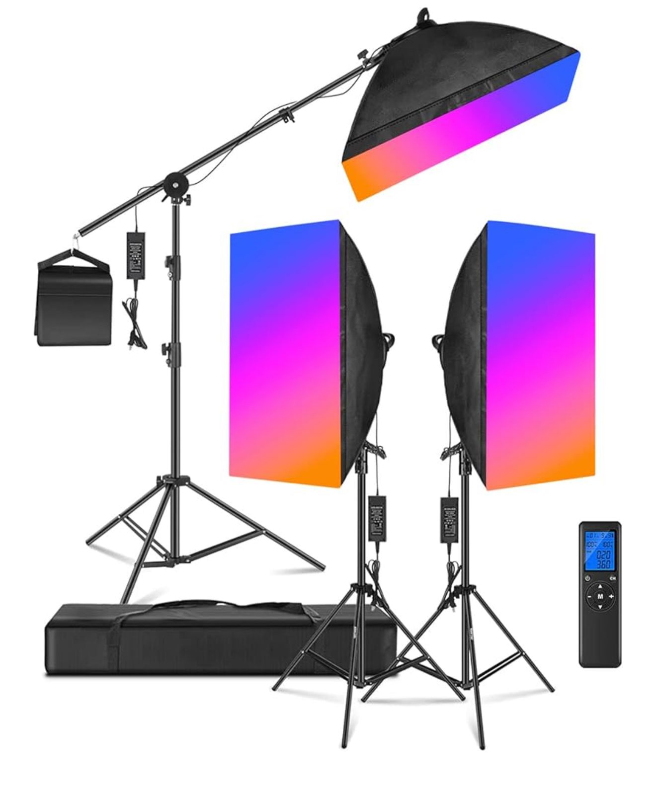 Professional photography lighting kit with softboxes, boom arm and controller for studio photography and video production.