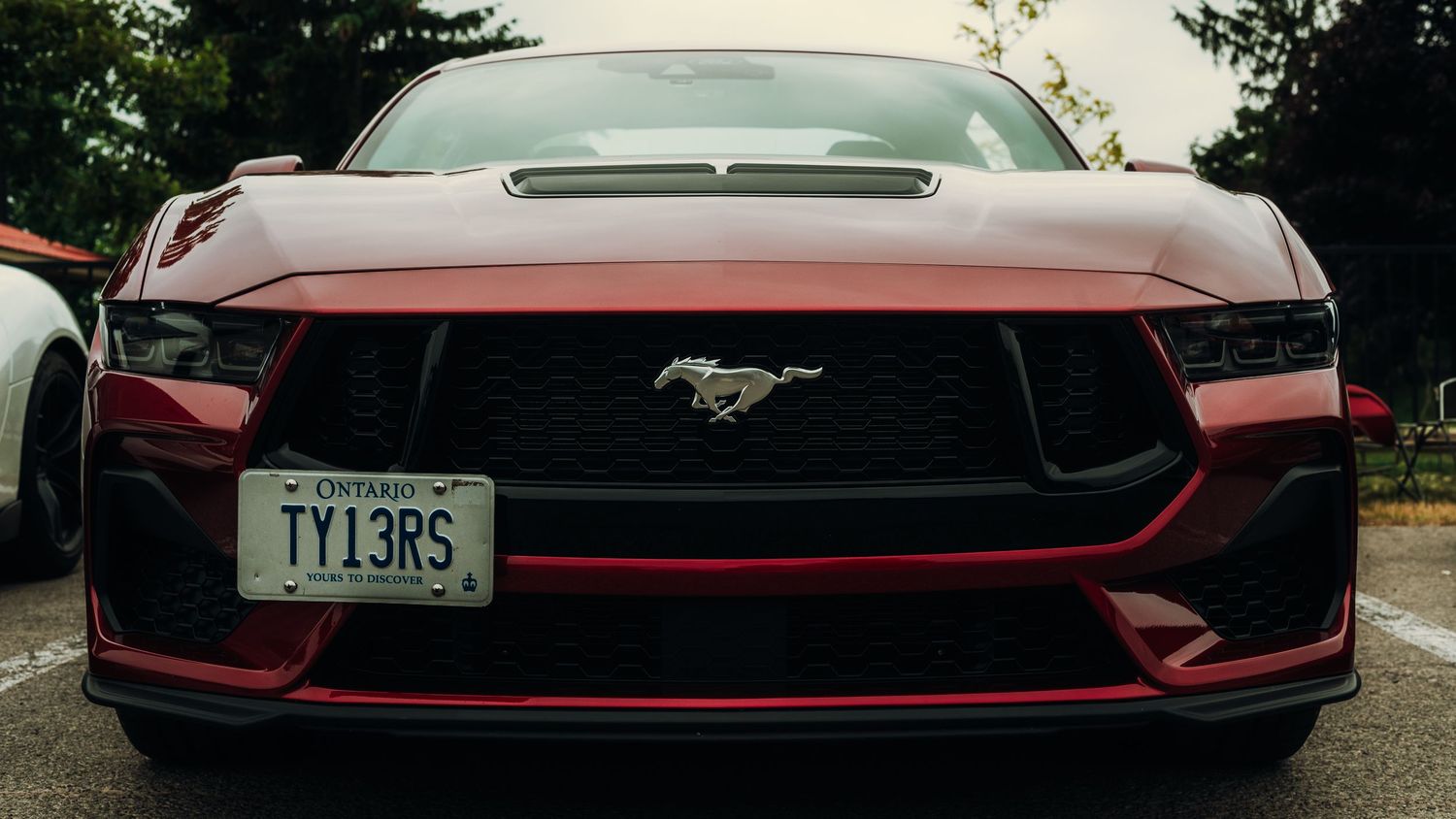Front view of a black and red Mustang sports car with custom styling.
