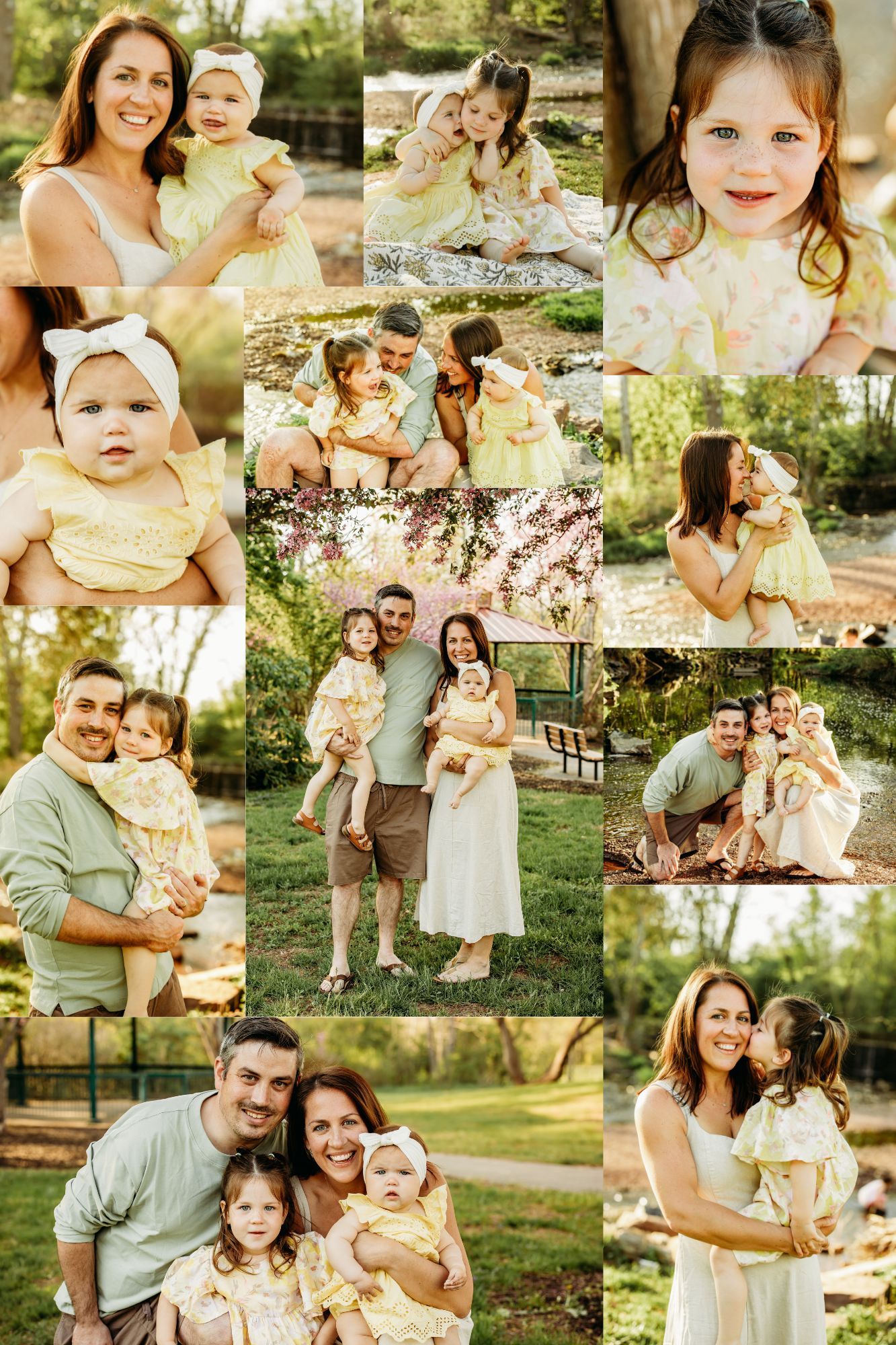 Outdoor family photo collage featuring sunny springtime portraits in yellow and cream tones with cherry blossoms in the background.