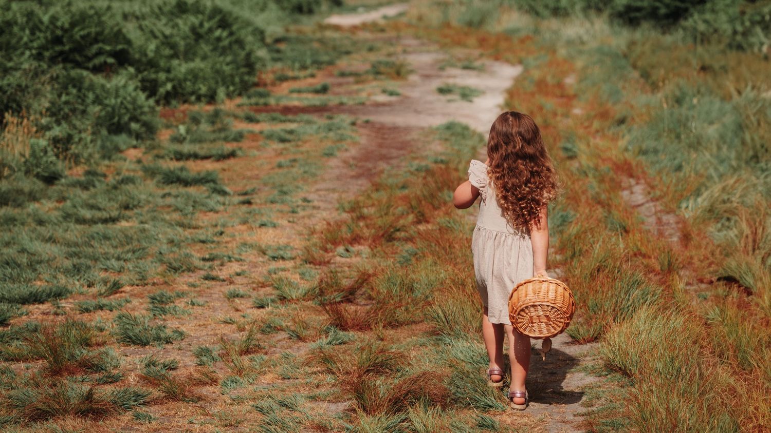 Child walking on path carrying basket in sunny meadow.