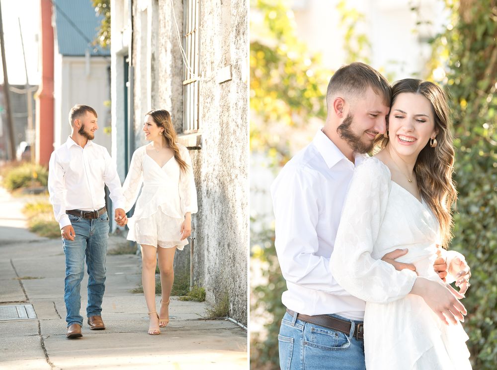 Engagement photo series along outdoor walkway with white columns in warm lighting.