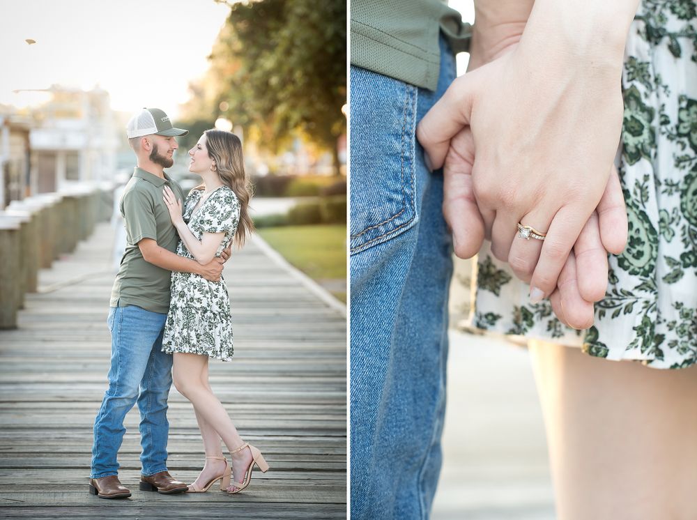 A romantic engagement photo collage featuring a couple on a boardwalk and a close-up of a ring.