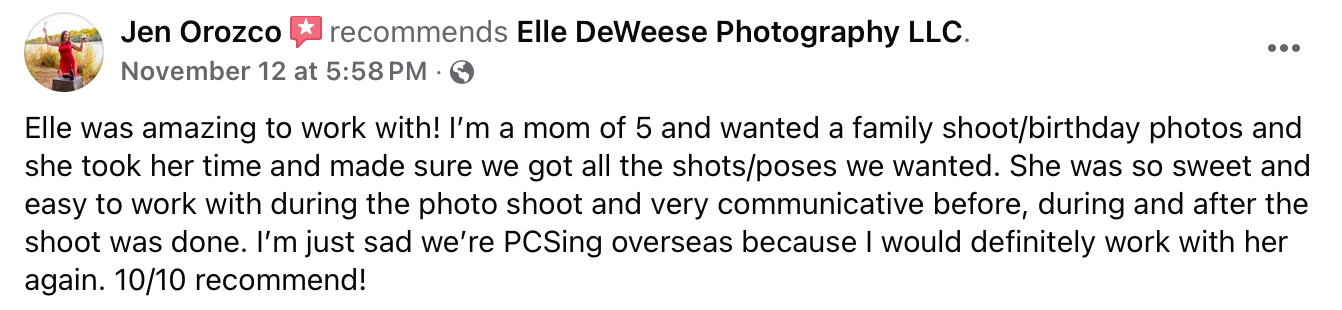 A positive customer review praising the photographer's professionalism and friendly demeanor.
