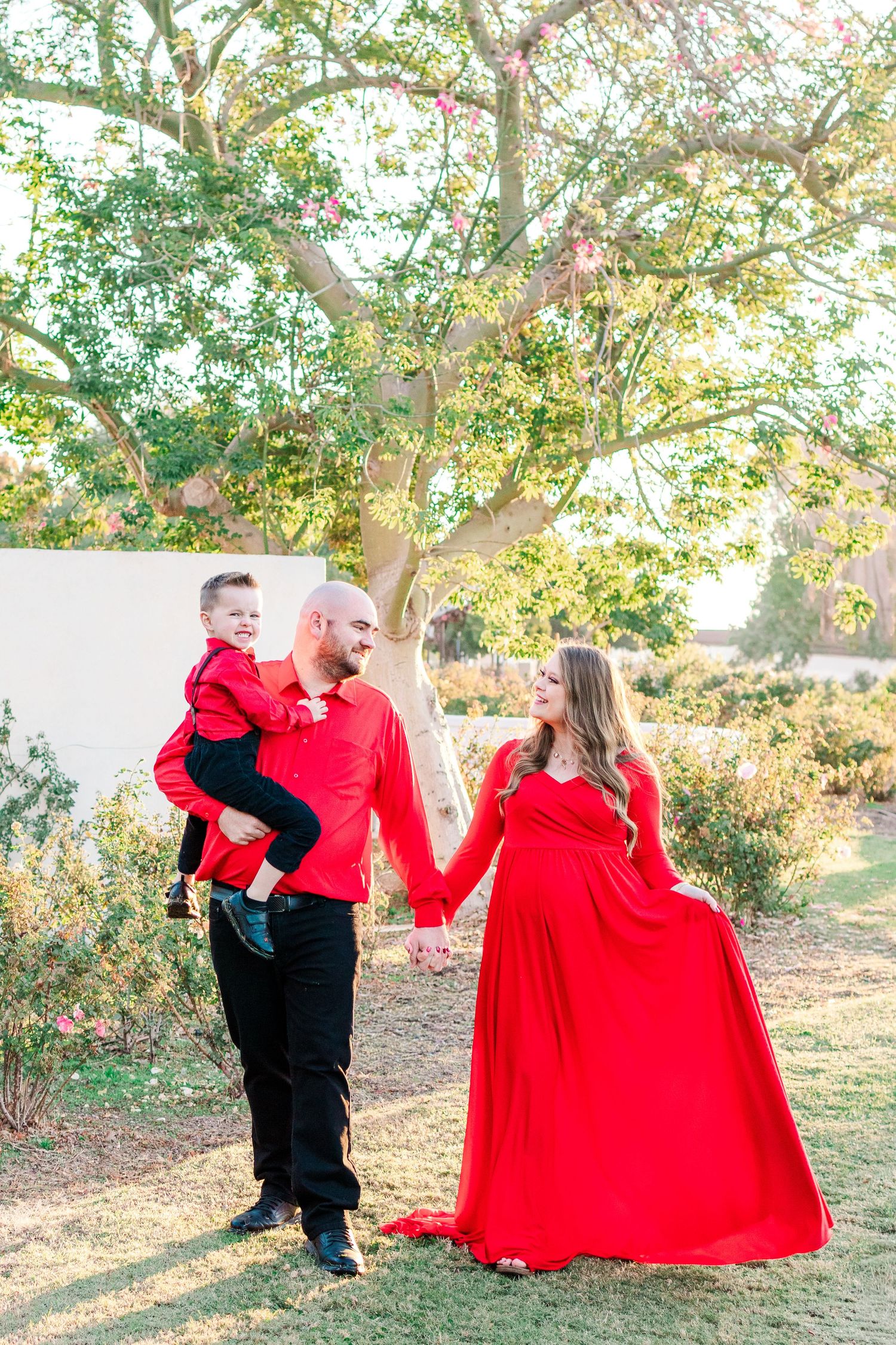 Light and airy maternity portrait of a family of 3 walking down a row in a rose garden in Mesa, AZ with the morning light shining behind.