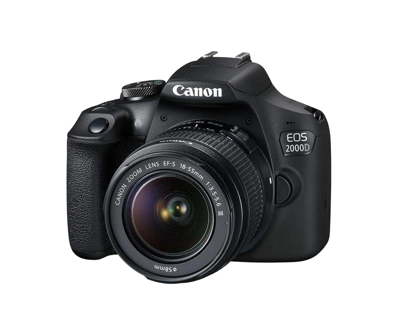 Canon EOS 2000D DSLR camera with EF-S 18-55mm lens on white background.