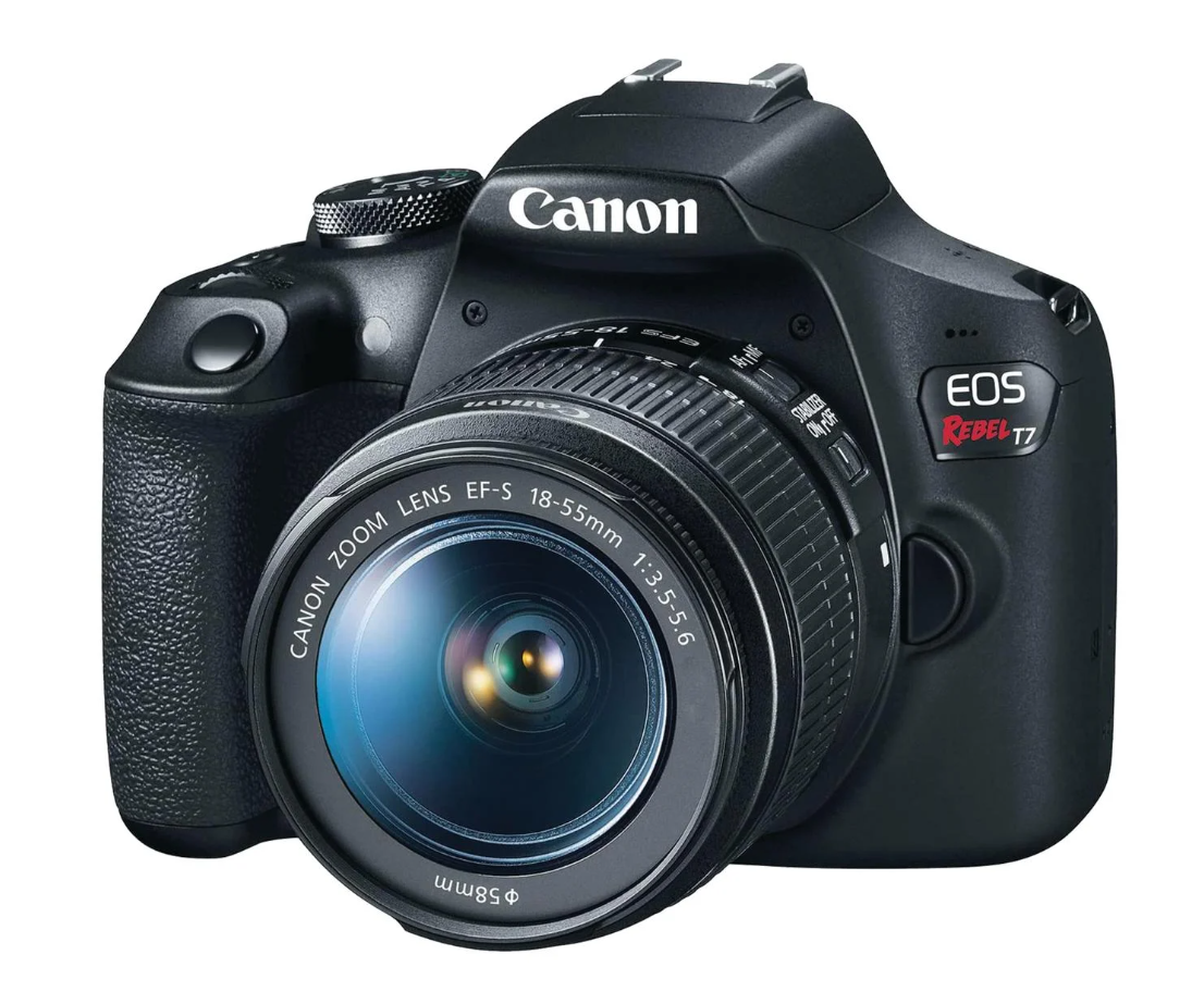 Canon EOS Rebel T7 DSLR camera with an 18-55mm zoom lens on a white background.