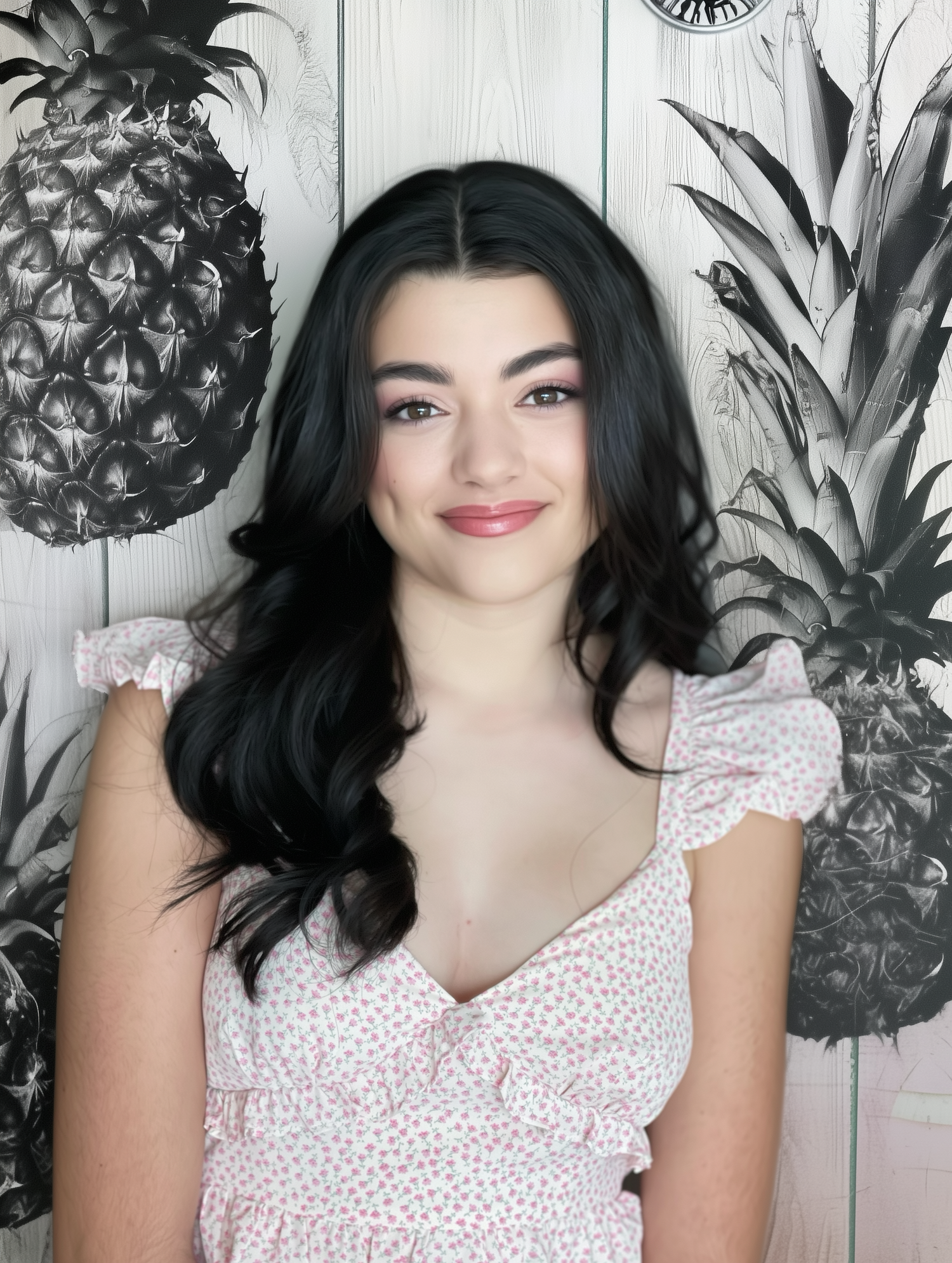 Black and white pineapple-themed photo collage with a white dress and dark hair against a textured background.
