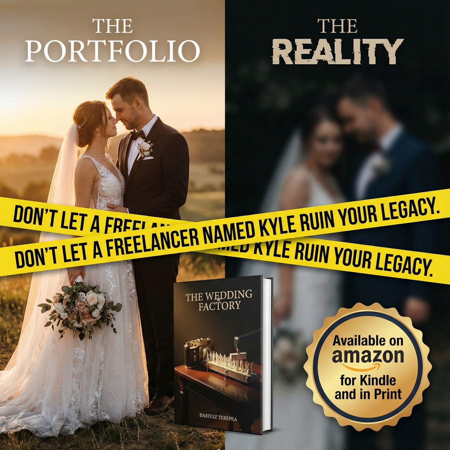 Wedding photo advertisement showing a romantic sunset couple shot contrasted with crime scene tape warning about a freelancer named Kyle.