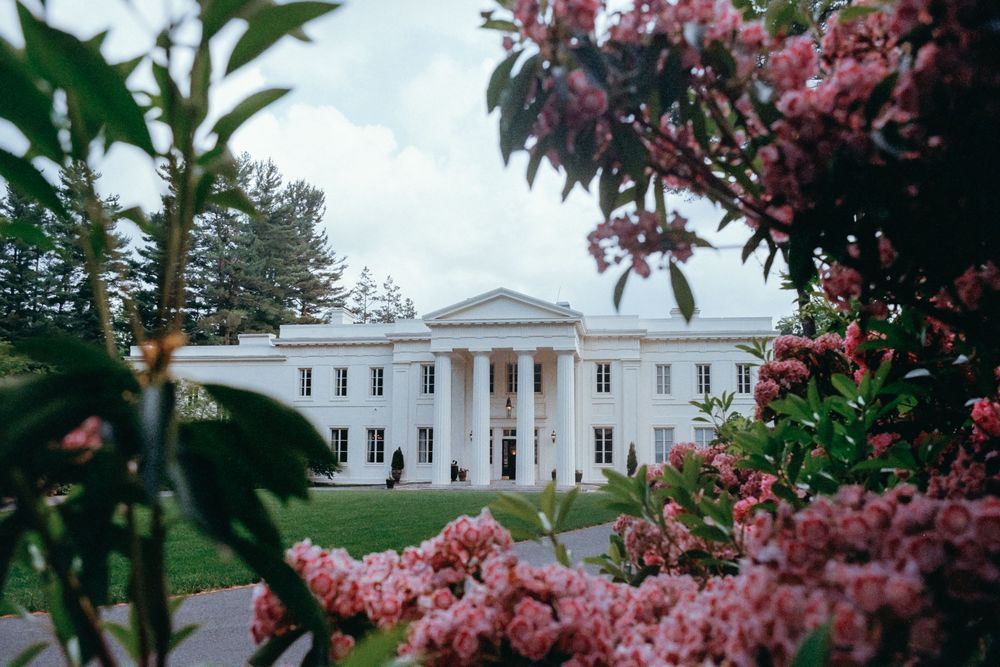 White colonial-style building with pink cherry blossoms framing the view through tree branches.