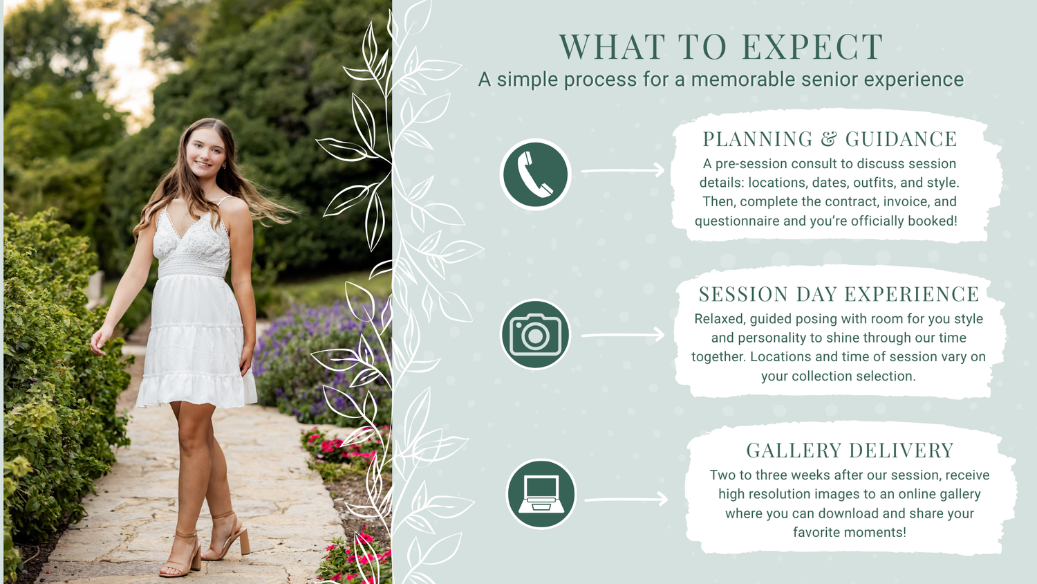 A series of wedding planning website screenshots with green and white text overlays showing service details.