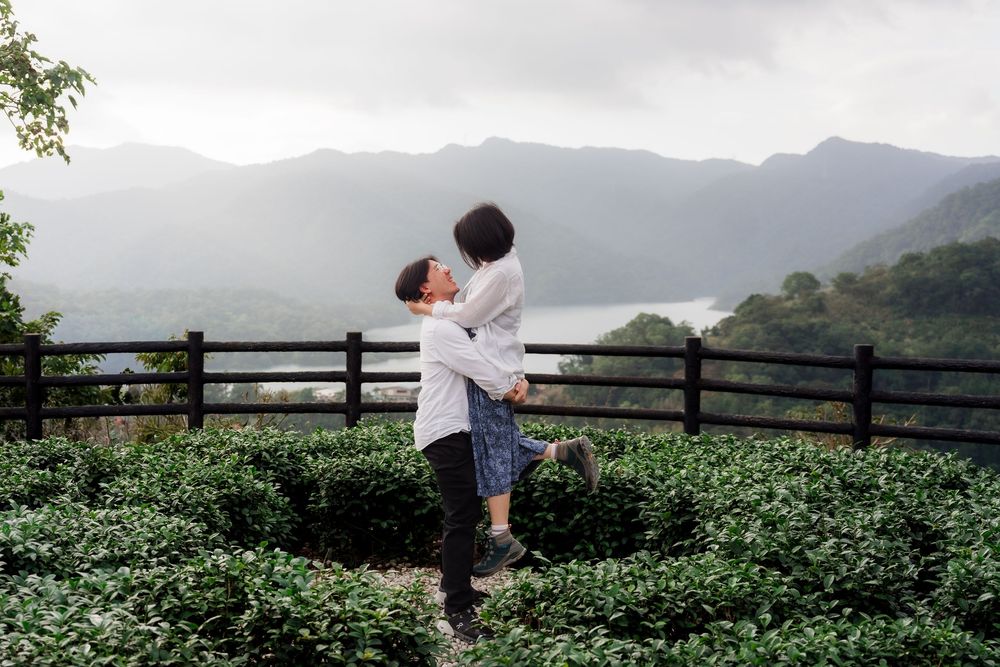 Person picking tea leaves in a misty mountain plantation with lush green bushes and scenic landscape views.