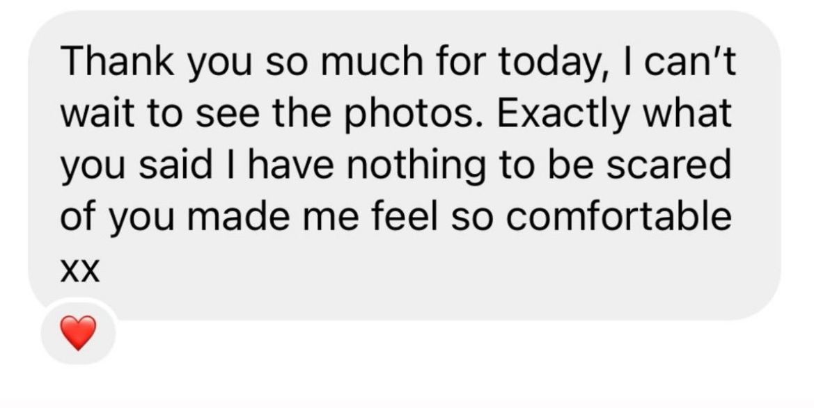 Client thank you message to Nami photographer expressing comfort and excitement after a photography session.