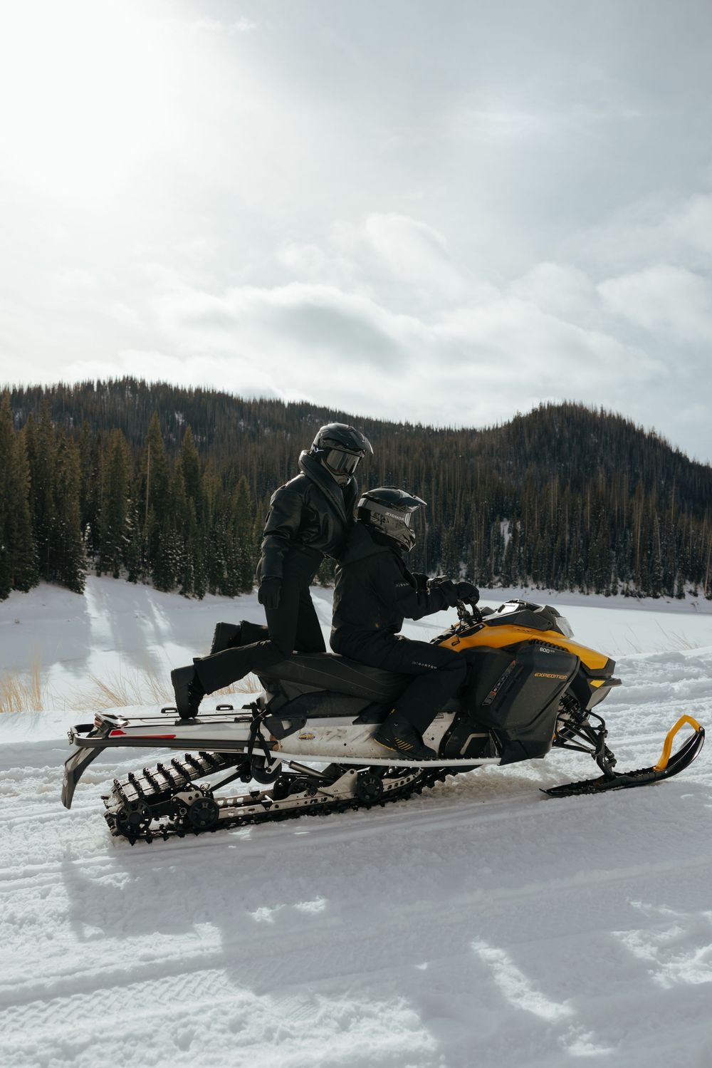 Two riders on a yellow snowmobile cruise through snowy mountain terrain with evergreen forest in the background.