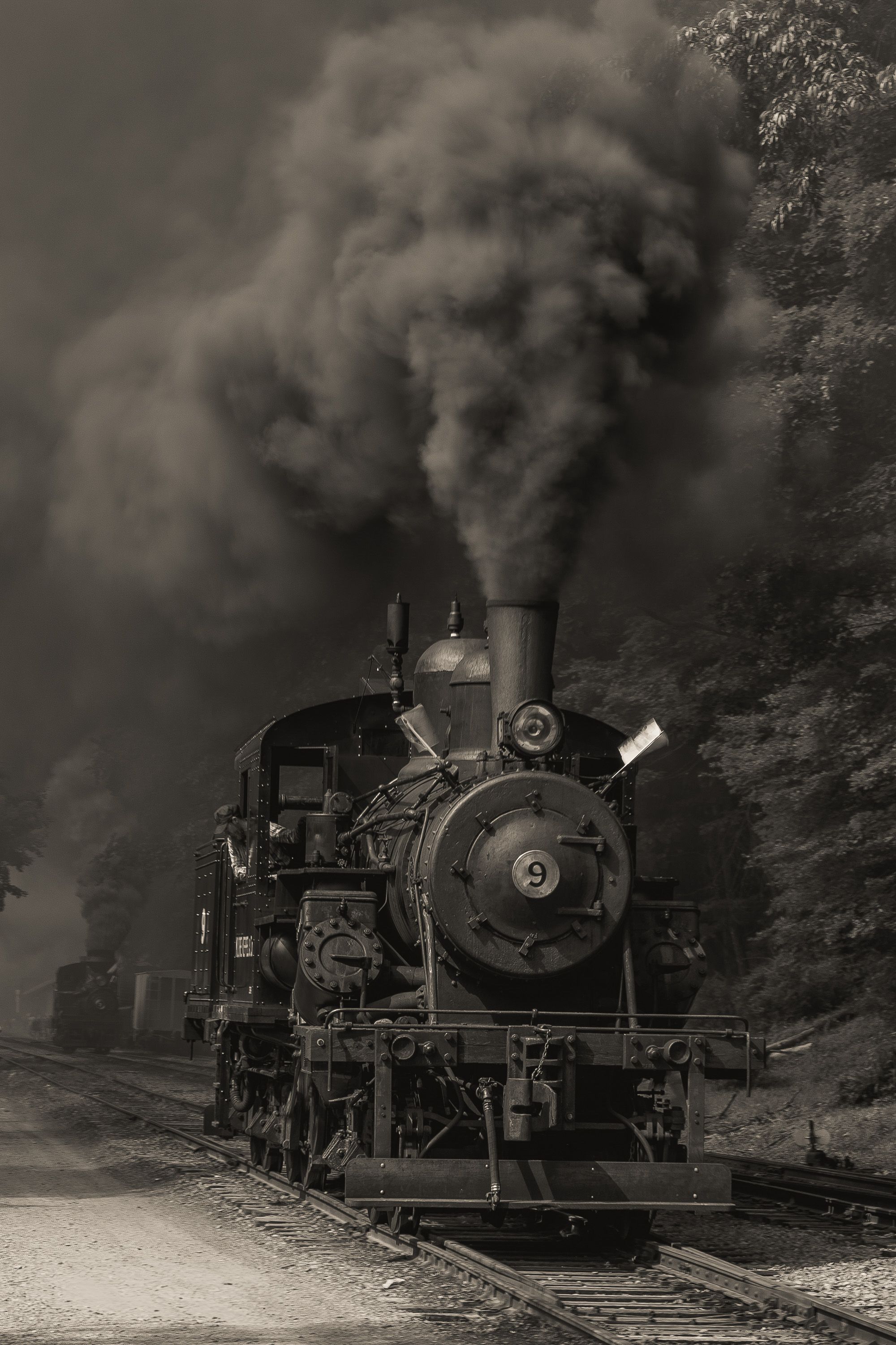 A vintage steam locomotive billows dark smoke while traveling through a wooded area on railway tracks.