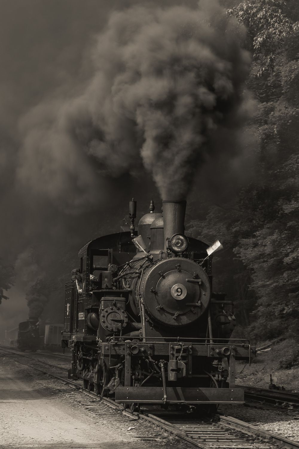 A vintage steam locomotive billows dark smoke while traveling through a wooded area on railway tracks.