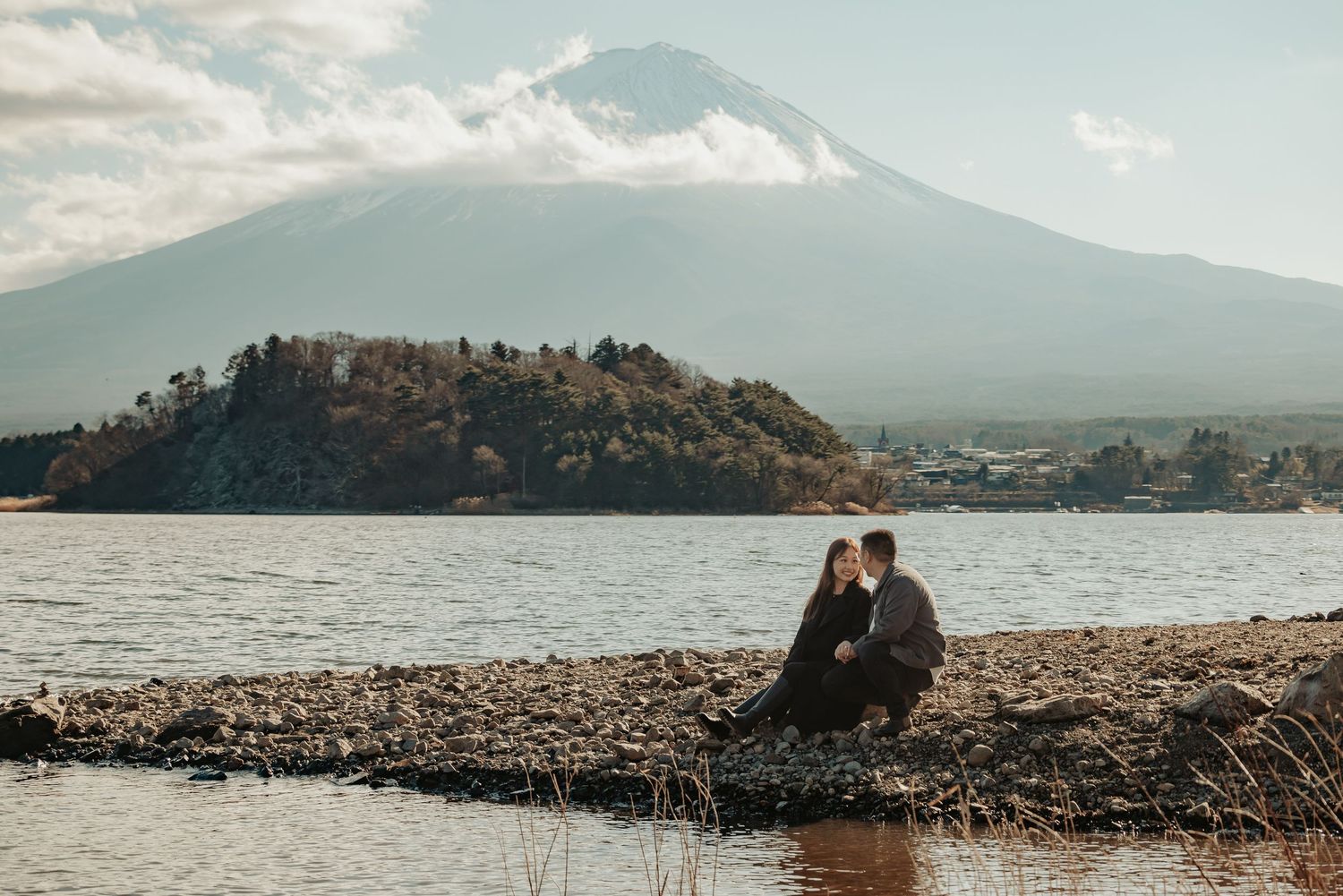 Scenic mountain landscape photo series showing lakes, rocky shores, and silhouettes against dramatic skies at sunset.