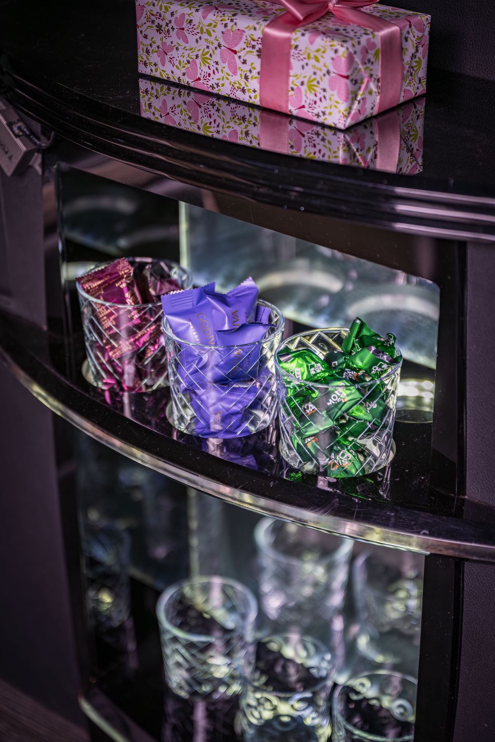 Shot of glasses filled with candy in the Ski Lift Limo by Denver Hospitality, Travel & Tourism photographer Captain Colorado Photography.