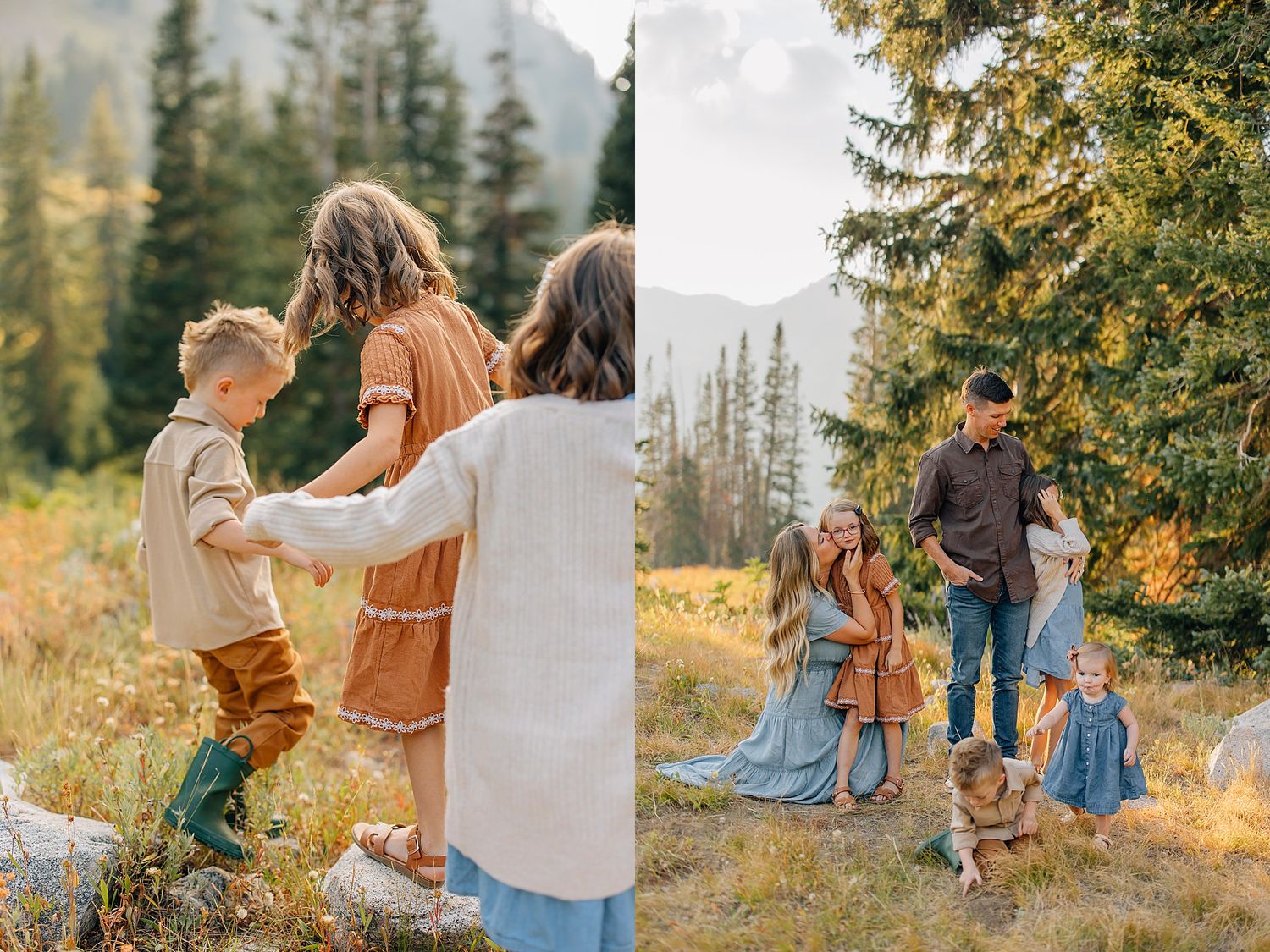 A family enjoying a sunny autumn day together in a forest clearing surrounded by evergreen trees.