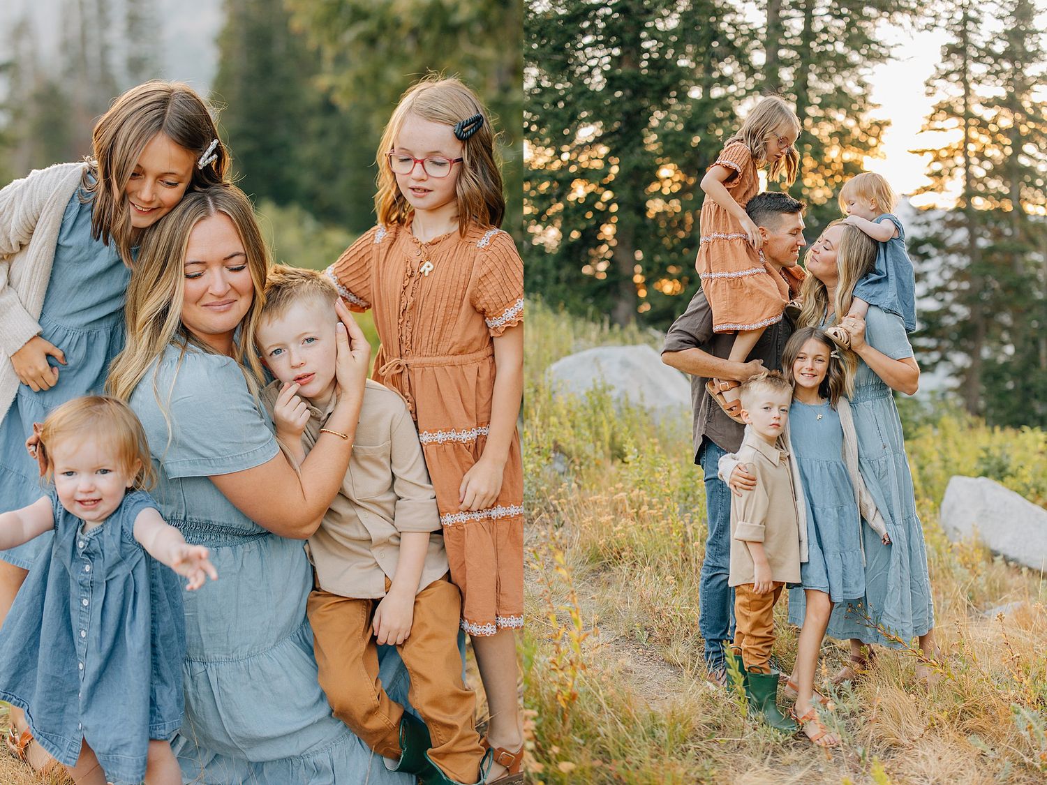 Family wearing coordinated blue and brown outfits poses together in a sunlit meadow during golden hour.