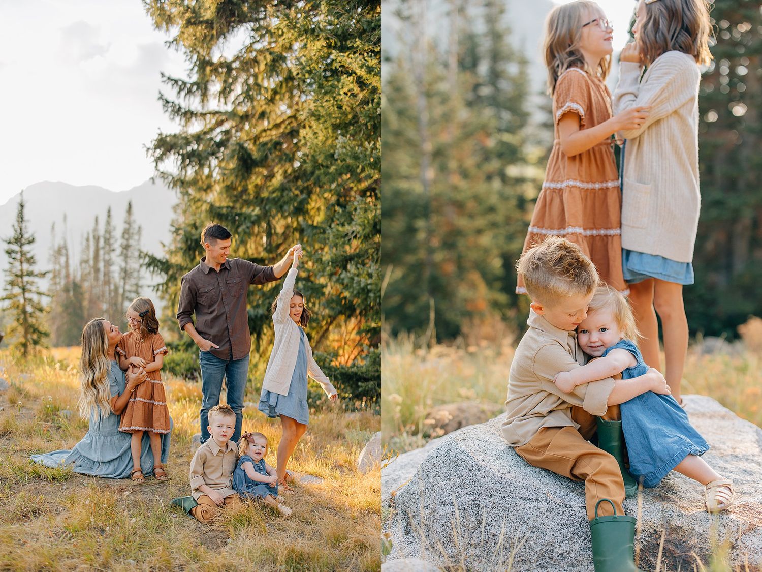 A couple shares a tender moment in a sunlit meadow surrounded by evergreen trees during golden hour.