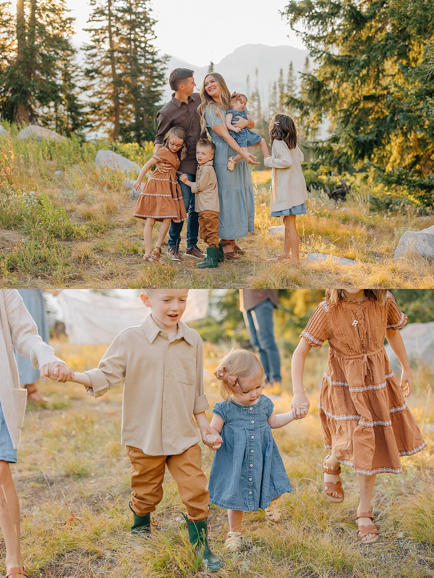 A group wearing coordinated brown and blue outfits poses together in a sunny outdoor setting with autumn foliage.