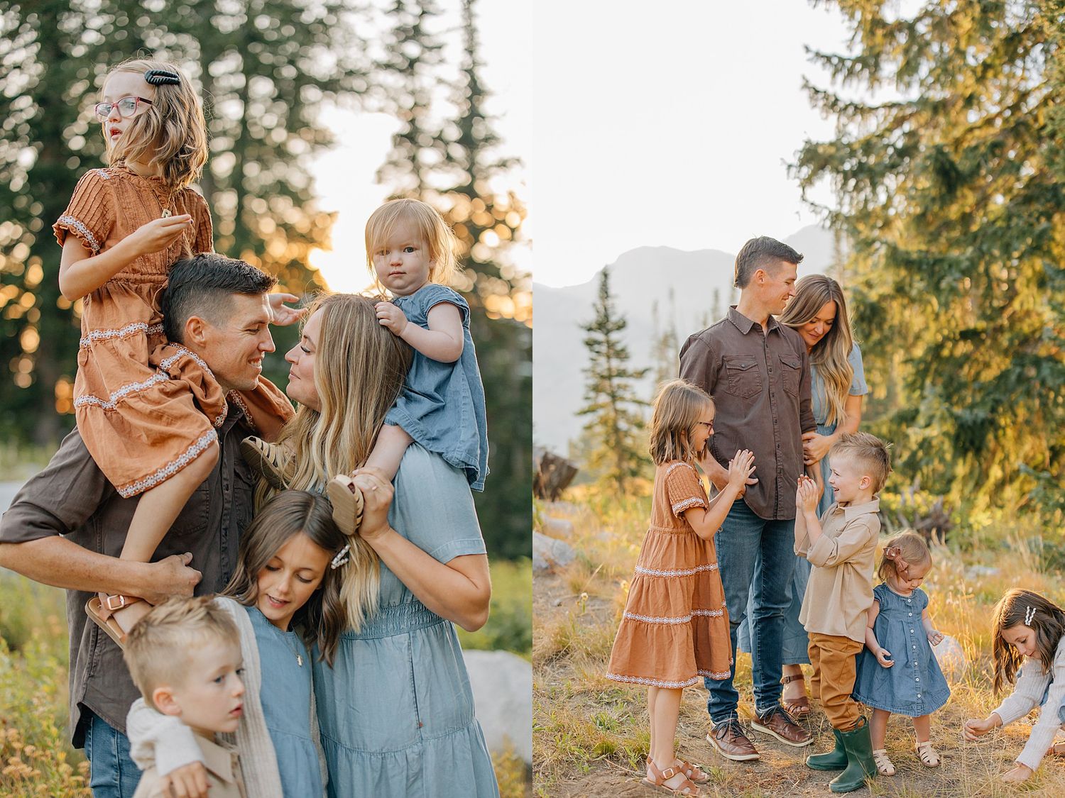 A family enjoys a warm sunset moment together in a forest setting during golden hour.