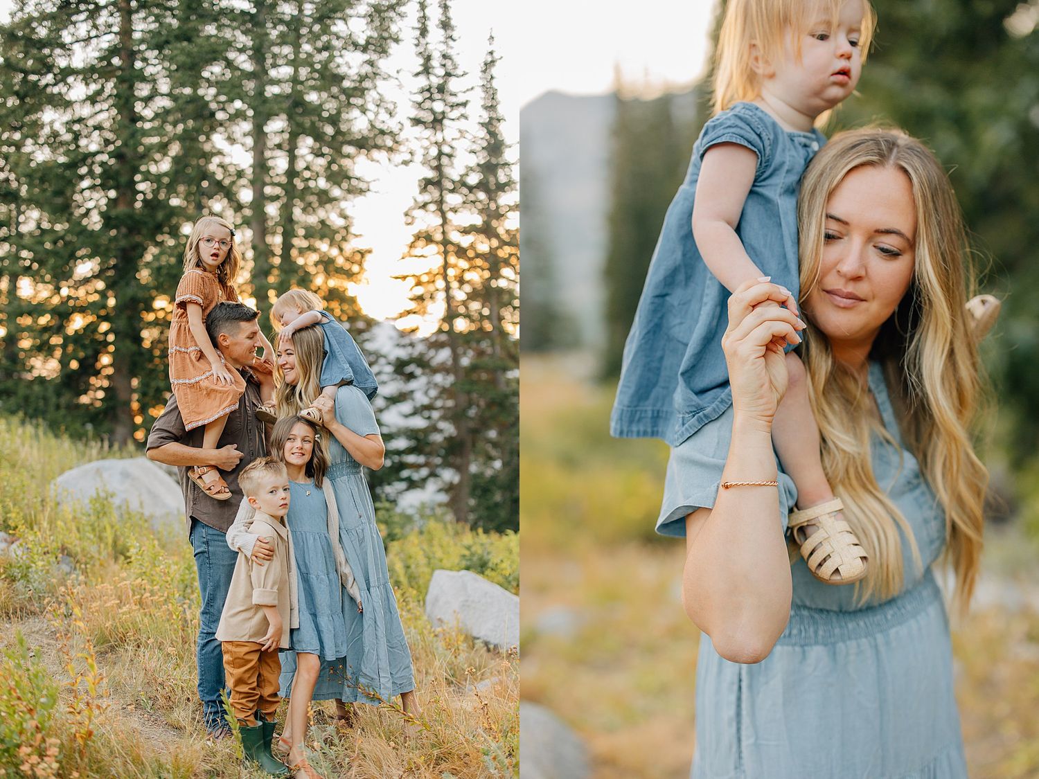 A series of outdoor portrait photos showing someone in denim against a sunlit forest backdrop at golden hour.