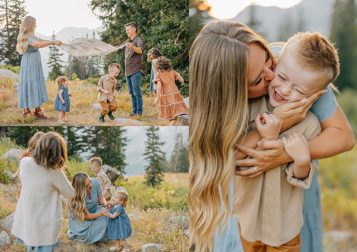 A loving family in light blue outfits embraces during an outdoor autumn photo session in a golden field at sunset.