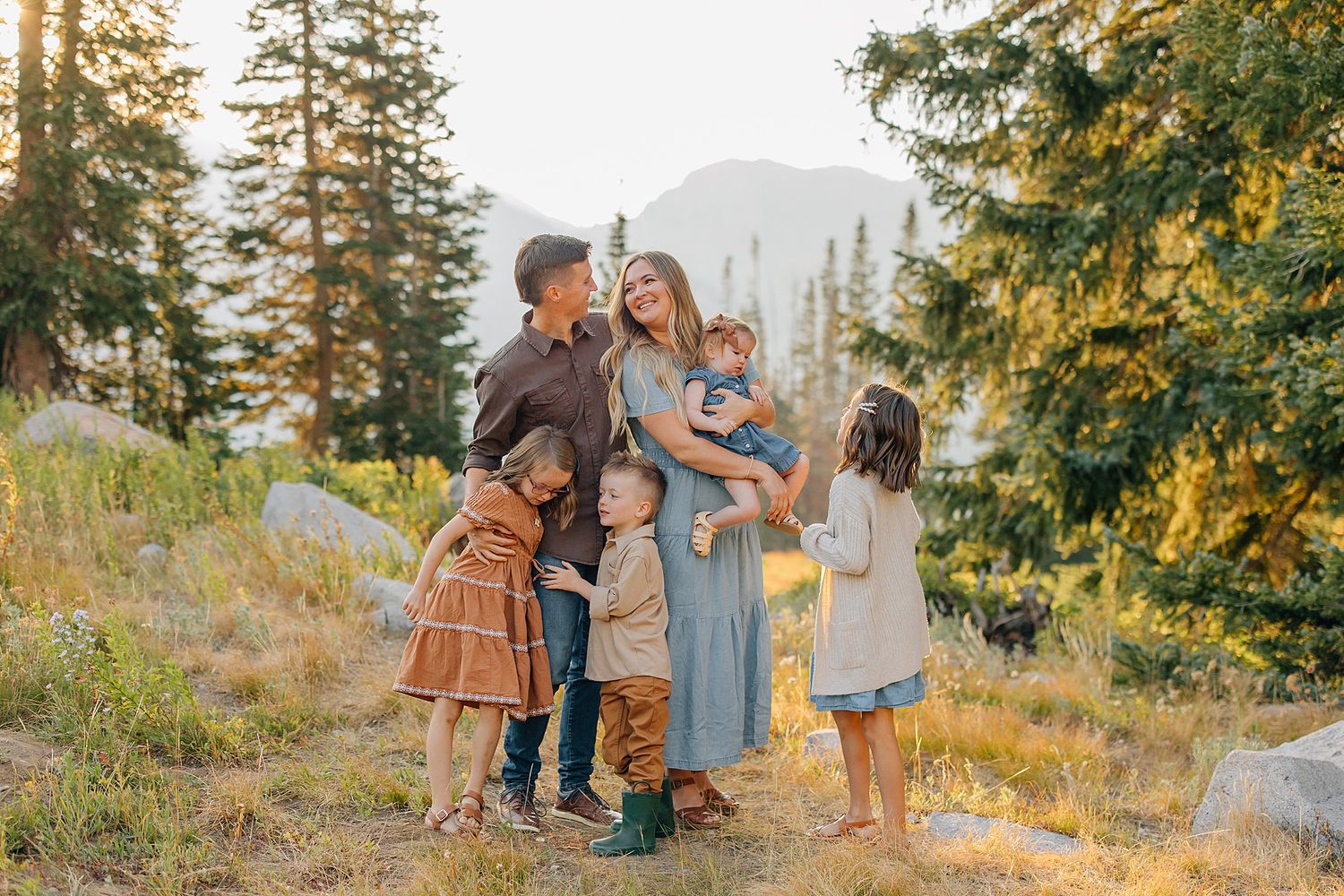 A series of outdoor autumn family photos showing people interacting in a golden-lit natural setting at sunset.