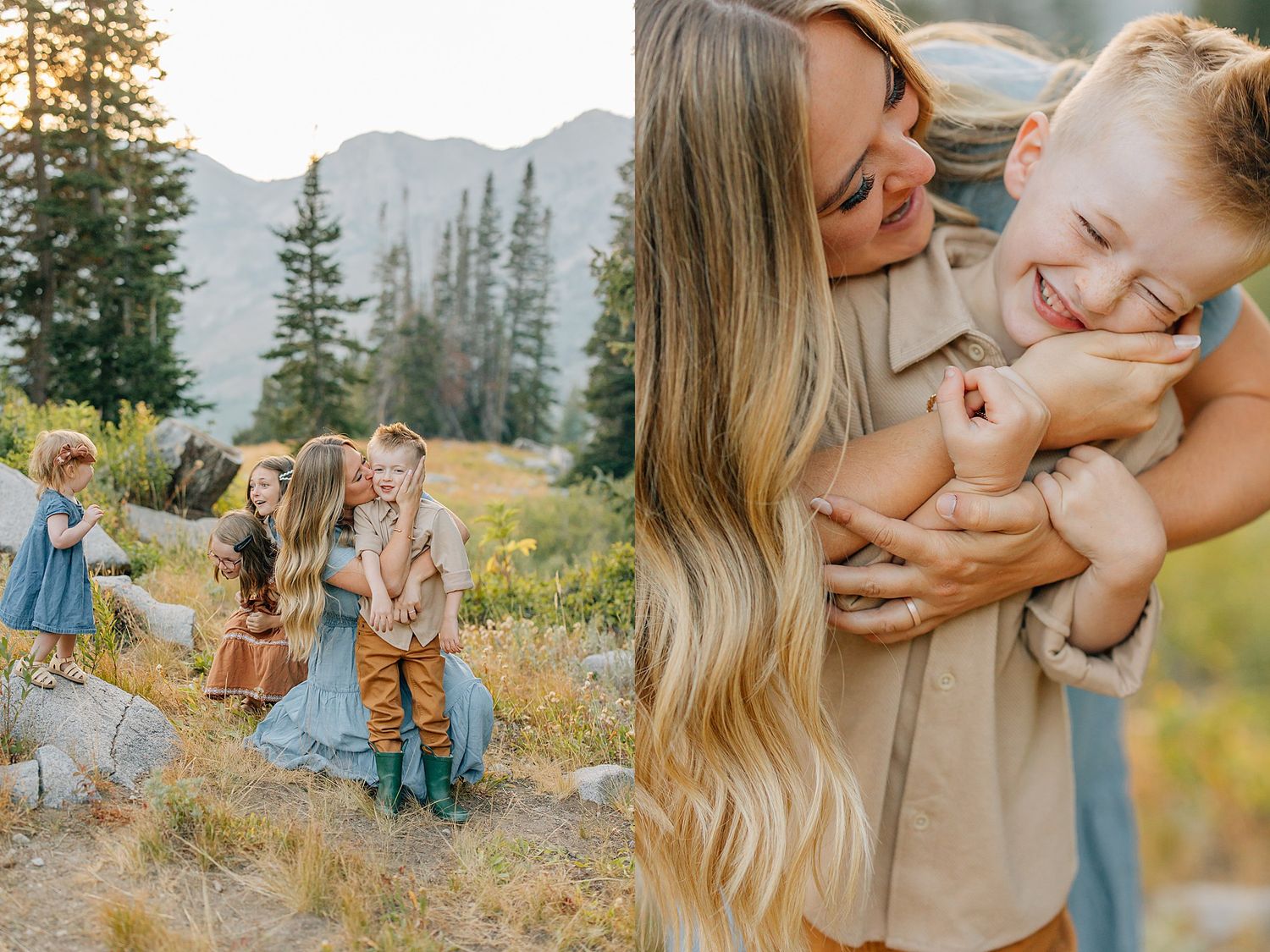 A joyful outdoor family moment in a mountain meadow with evergreen trees and golden sunlight.
