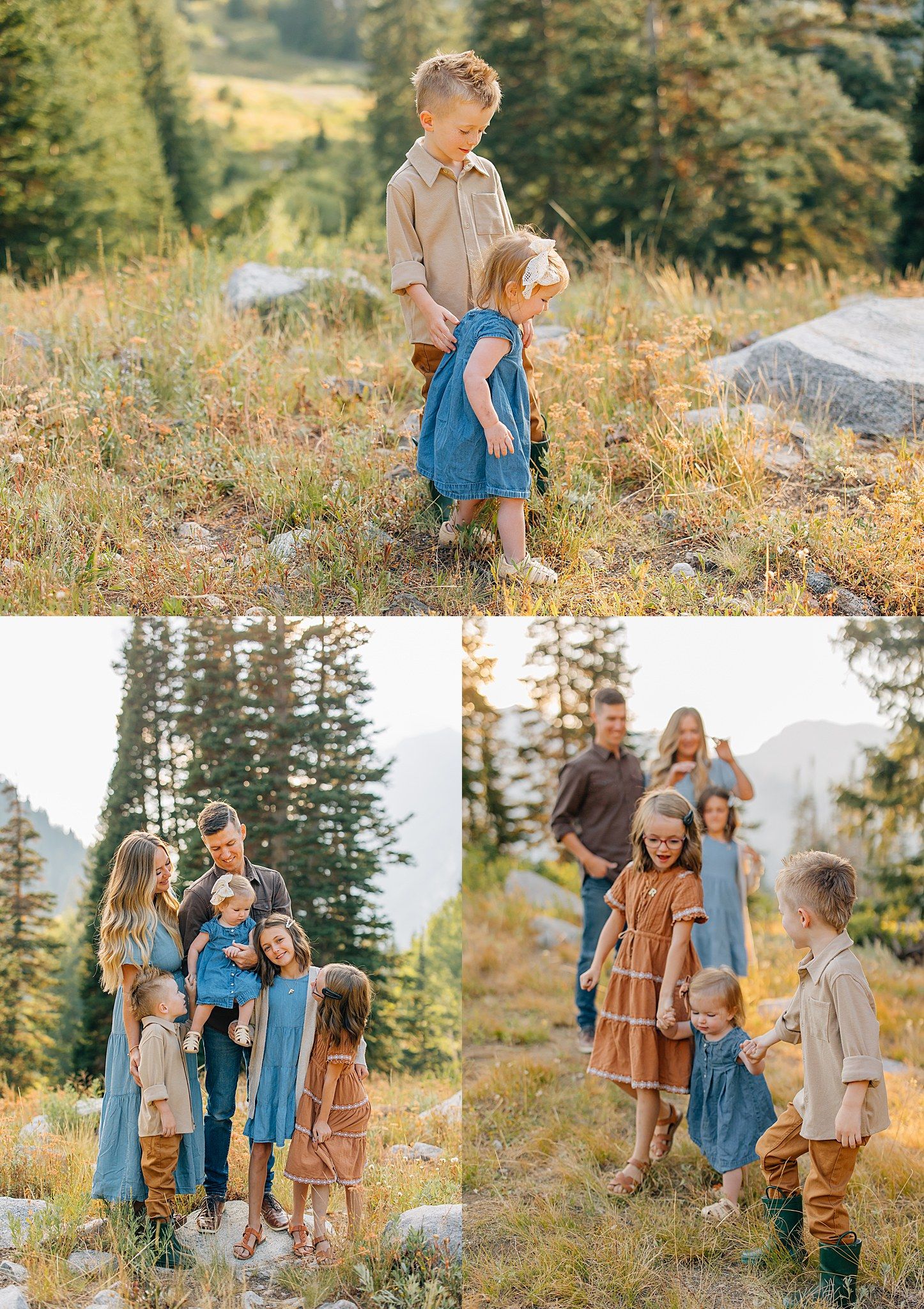 Family wearing coordinated autumn outfits poses together in a golden mountain meadow during sunset.