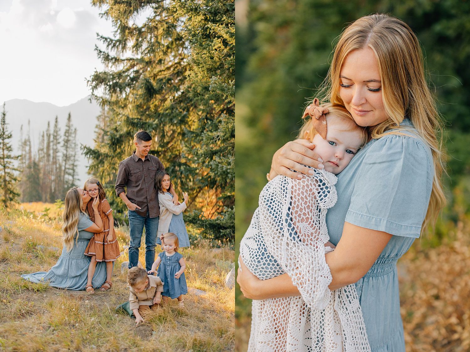 A couple embraces in a golden autumn meadow surrounded by evergreen trees during a romantic outdoor photoshoot.