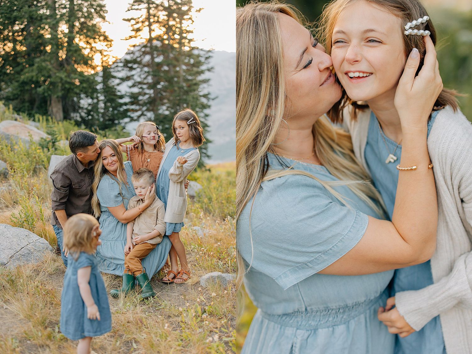 A collection of candid outdoor family photos taken in a golden field at sunset with matching blue outfits.