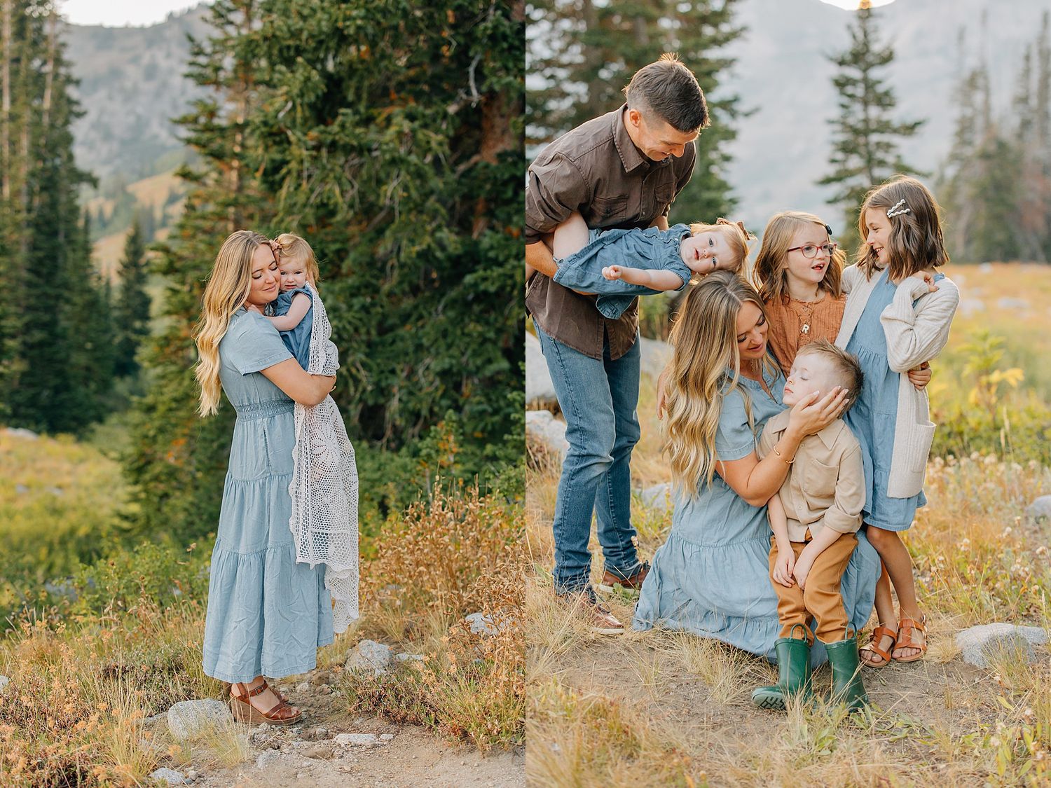 A group in coordinating blue outfits gathers for outdoor family photos in a scenic mountain meadow setting.