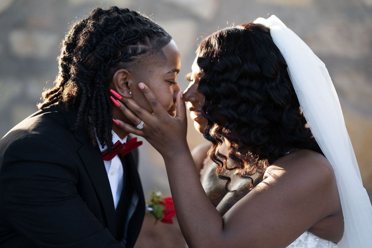 A series of romantic wedding photos showing tender moments between a bride and groom during their special day.