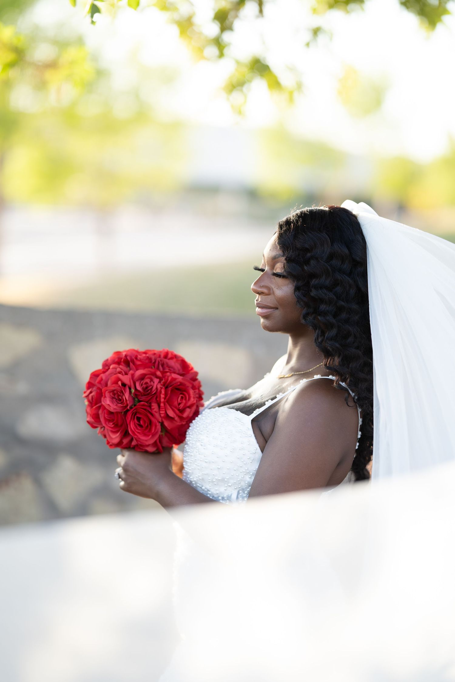 Elegant bridal portrait with vibrant red roses and flowing white veil in natural outdoor lighting.