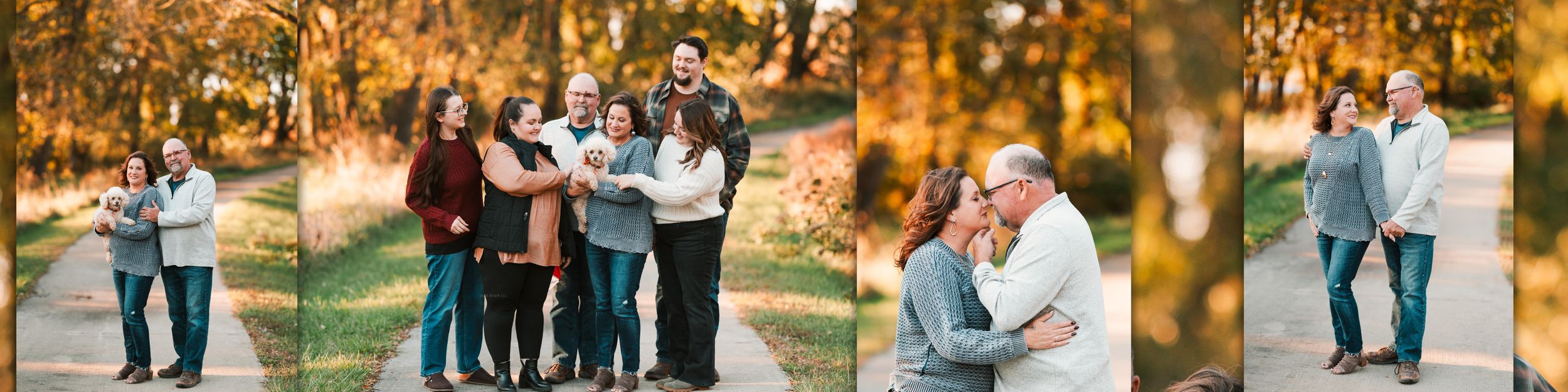 A series of romantic outdoor engagement photos showing couples embracing in golden autumn sunlight at a park.