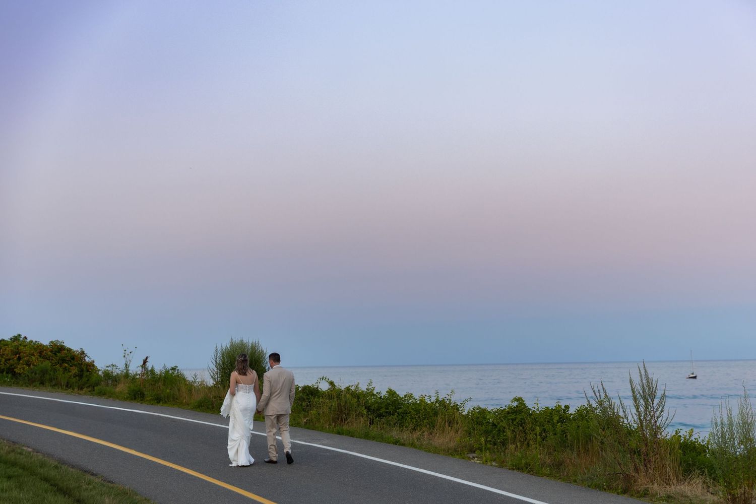A polar bear stands in the middle of a paved road at dusk with a pink sky in the background.