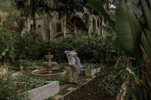 A serene tropical garden path with lush greenery, stone walkways, and a peaceful fountain feature in dappled sunlight.