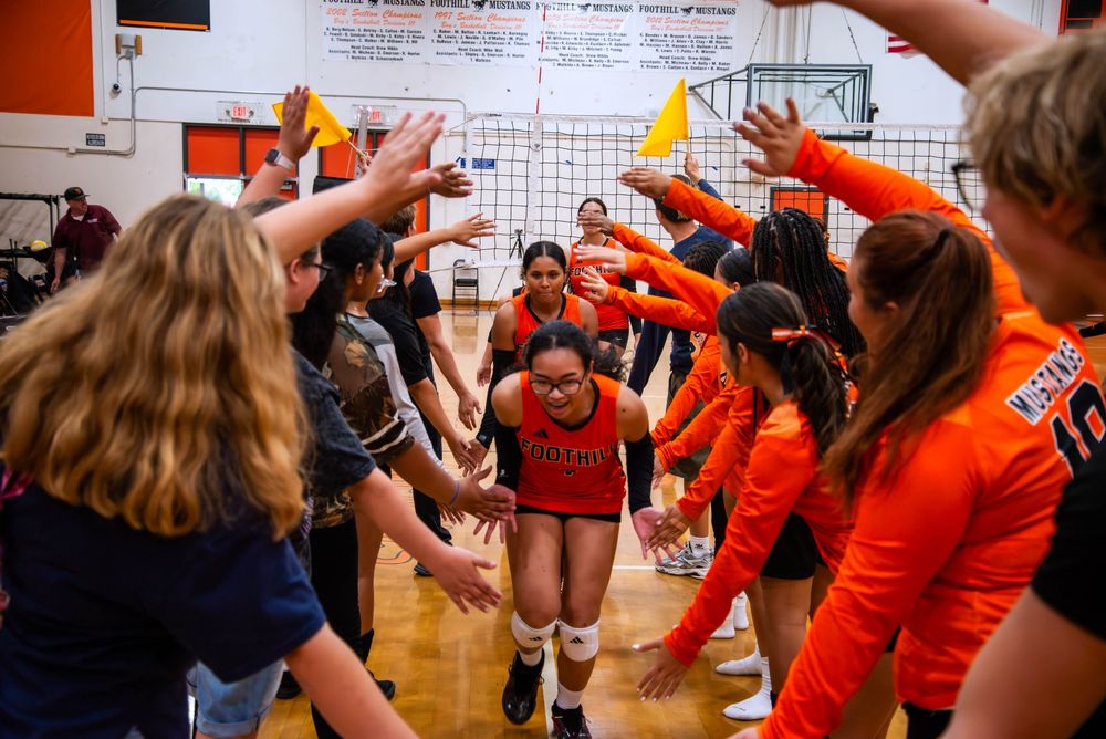Volleyball players celebrate together in orange uniforms during an intense match in a gymnasium.