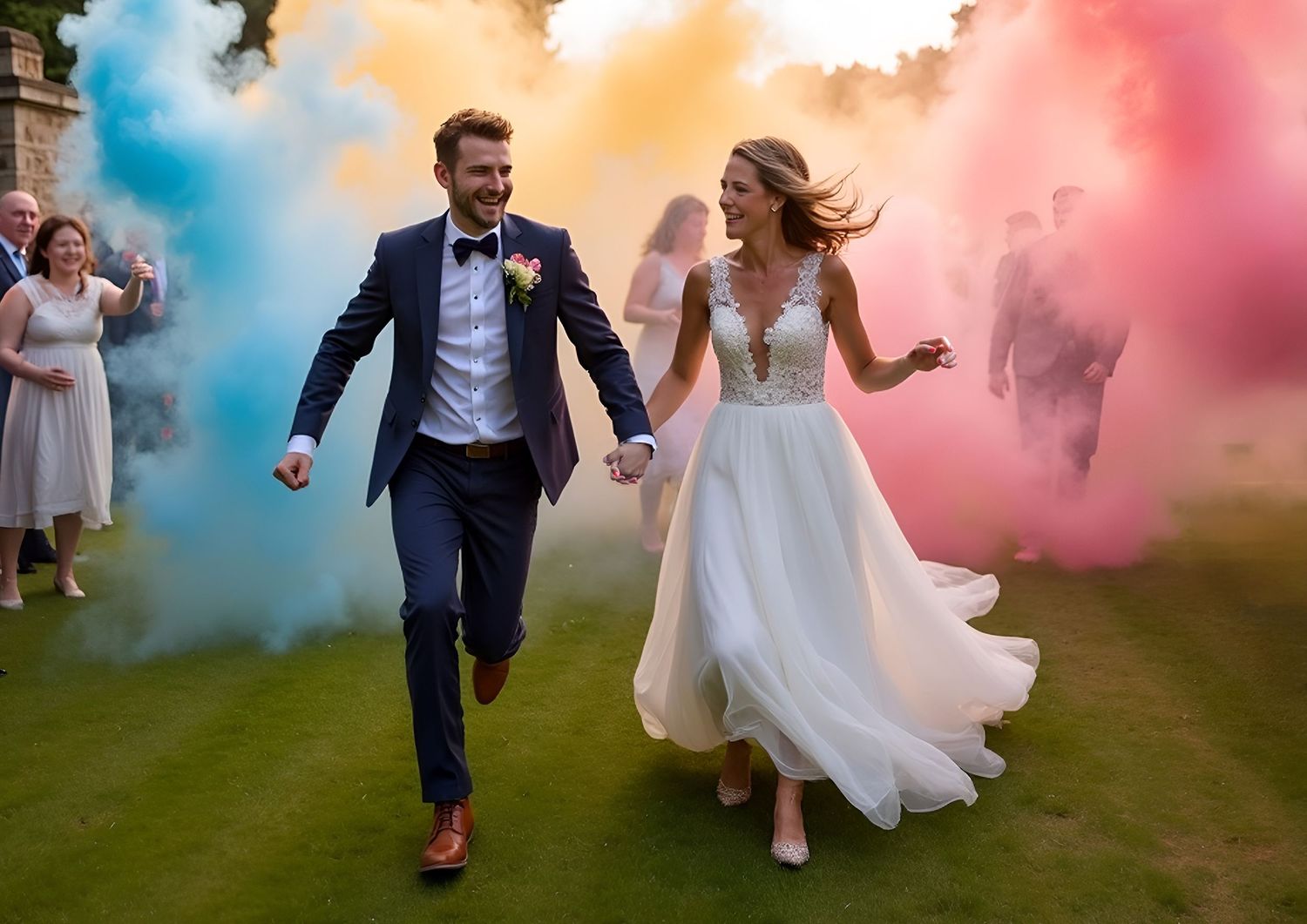 Wedding couple running through colorful smoke bombs in garden setting.