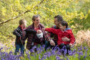 Family enjoying playful moment together among blooming bluebells in spring woodland.